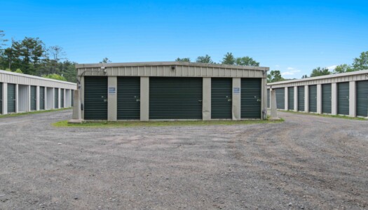 aisles of drive-up storage units at Pioneer Valley Storage in Belchertown, MA
